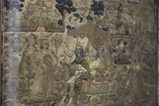 A 17th century silkwork panel, 12 x 15.75in.